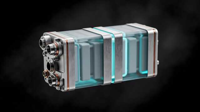 Industrial hydrogen fuel cell stack with metallic connections on black background