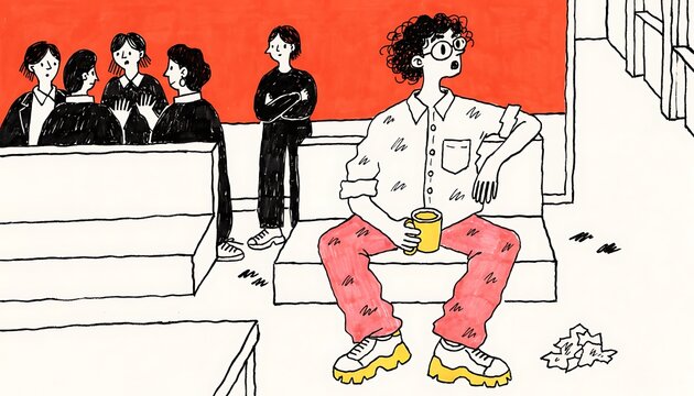 Handmade illustration of an introverted INTP character experiencing social anxiety in a public setting