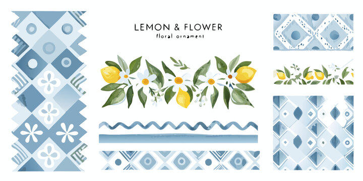 lemon and white blossom wreath watercolor floral ornament pattern blue yellow green flower leaf botanical design illustration decorative natural artistic background frame border
