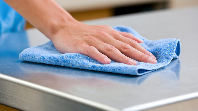 Professional cleaner wiping down stainless steel surface using microfiber blue cloth
