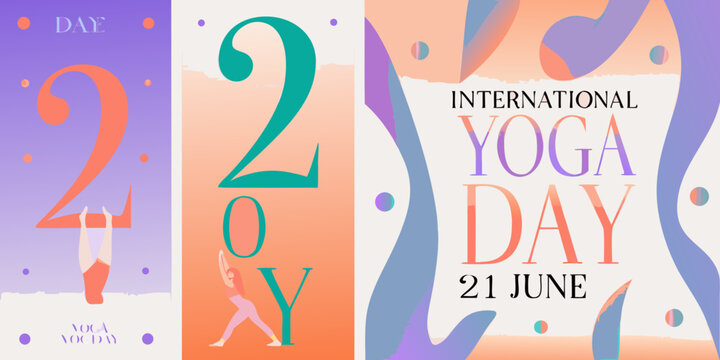 international yoga day poster with colorful gradient design fitness wellness health event celebration activity balance mindfulness spirituality exercise people figures text graphic illustration