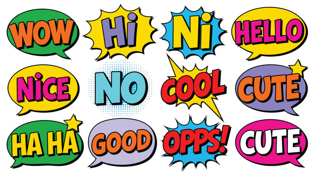 Comic speech bubbles with various words and expressions for pop art, dialogue, stickers, messaging, comics, and creative graphic design projects.