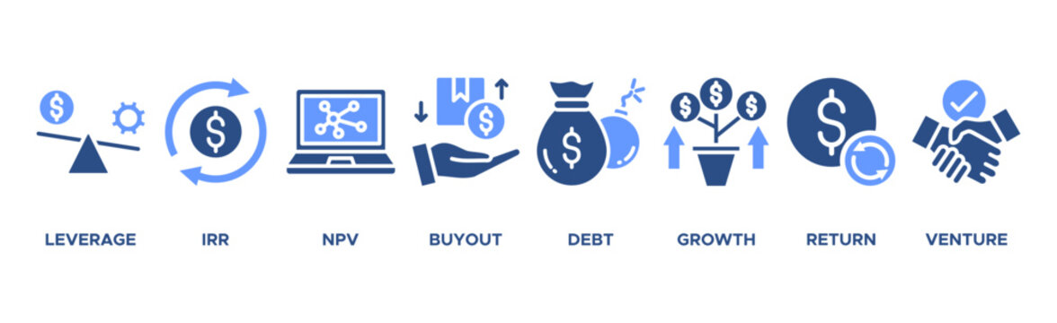 Private Equity banner web icon vector illustration concept with icon of leverage, irr, npv, buyout, debt, growth, return, and venture
