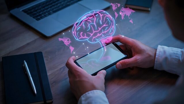 Person holding smartphone with glowing neon brain and map hologram projection hands