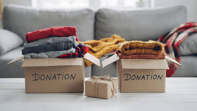 Two cardboard boxes with clothing prepared for a charitable donation