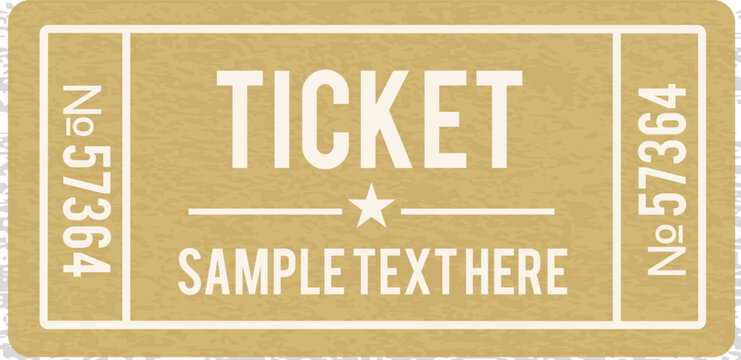 Golden ticket template with sample text and numeric registration codes on textured background for corporate events raffles contests admission passes and promotional marketing graphics.