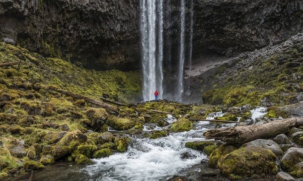Hiker in front of a high waterfall, water falls over a rocky outcrop, Tamanawas Falls, Wild River Cold Spring Creek, Oregon, USA