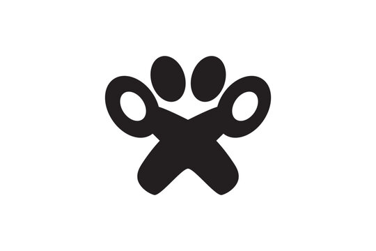 Black outline icon with crossed scissors and oval dots for a pet grooming service logo.