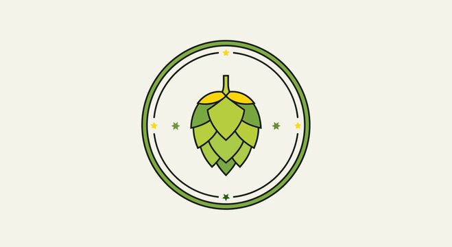 Minimalist Hop Cone Emblem In Green And Yellow On Beige Background For Branding