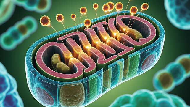 Detailed 3d illustration of a mitochondria organelle showing internal structure and energy production process in a microscopic biological cellular environment
