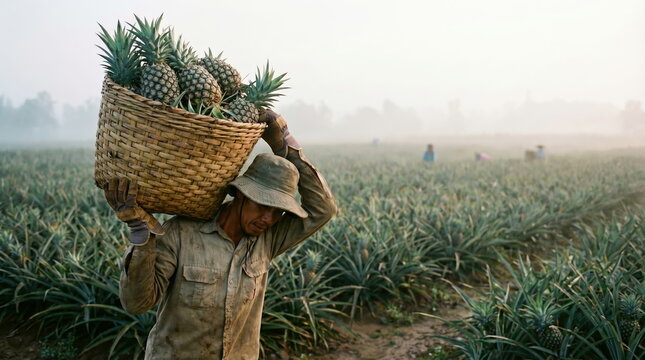 Pineapple farmer carrying heavy basket of fresh pineapples on his shoulder in misty plantation field, agricultural labor concept