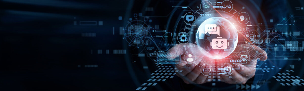 Product developer. Human hands holding Chatbots glowing global globe managing automated client support interfaces. AI engineering team optimizing smart natural language response systems.