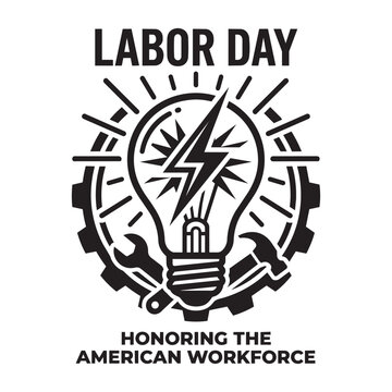 Labor Day vector emblem featuring a light bulb, gear, wrench, and hammer honoring the American workforce