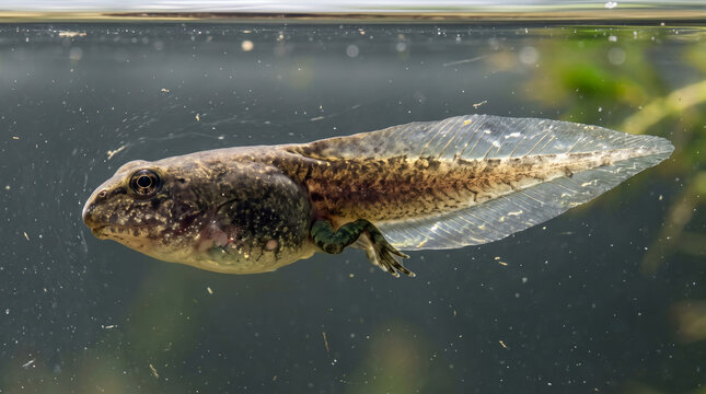 Tadpole swimming underwater with developing legs