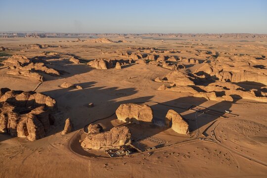Elephant Rock or Elephant Rock, blue hour, aerial view, AlUla, Medina Province, Saudi Arabia, Arabian Peninsula