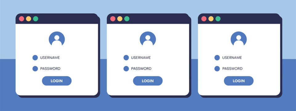 Login interface screen set with user authorization password fields and sign in button vector illustration