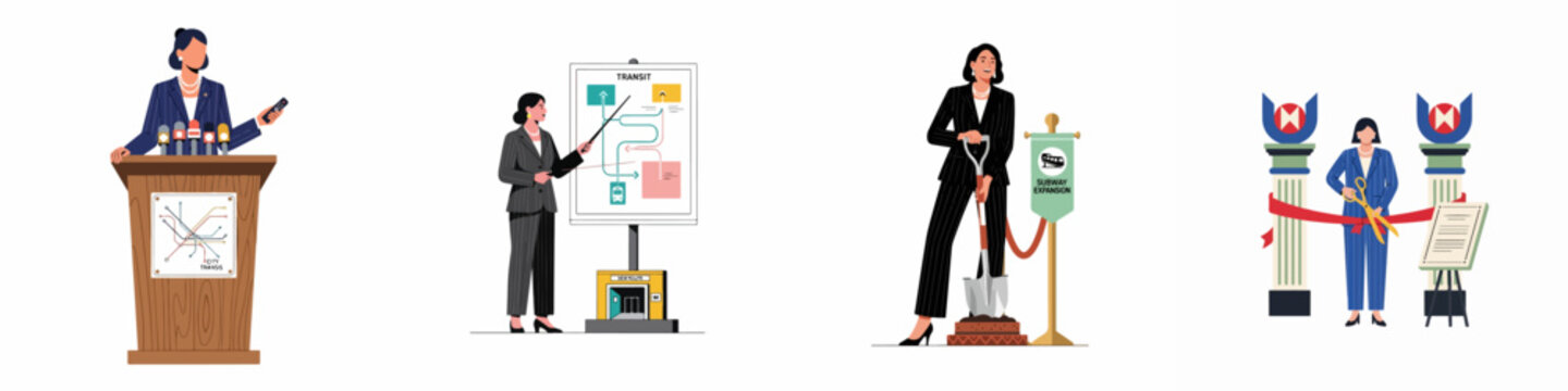 Set of illustrations of a female official presenting, planning, and inaugurating a new city transit and subway expansion project.