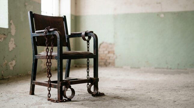Heavy metal restraint chair with rusted chains and shackles. Abandoned asylum room with peeling paint and exposed brick walls