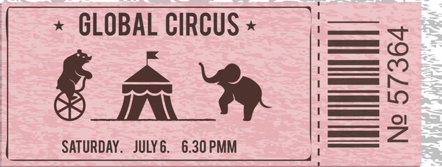 Global circus event ticket with bear on unicycle and elephant icons plus circus tent on pink textured paper with unique registration number for performance schedule details. © Ymn D. Yo YO
