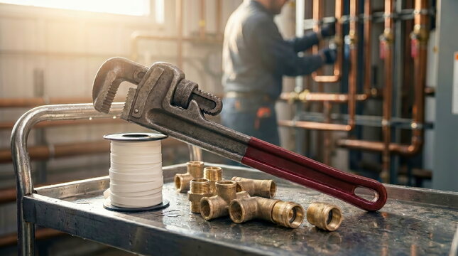 Plumbing tools featuring pipe wrench, brass fittings, and teflon tape on metal cart with plumber working in background, home repair concept