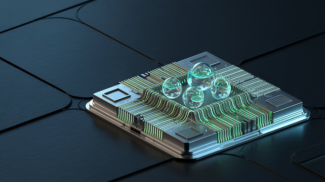 A high tech computer processor chip with glowing green and blue light circuits on a dark metallic surface representing advanced digital processing and modern hardware technology power