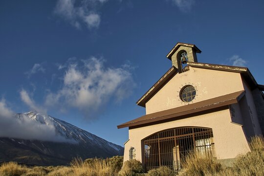 Ermita de las Nieves, small building in front of a snow-covered mountain landscape under clear sky, Teide National Park, Teide National Park, volcano, volcanism, UNESCO World Heritage Site, Tenerife, Canary Islands, Spain