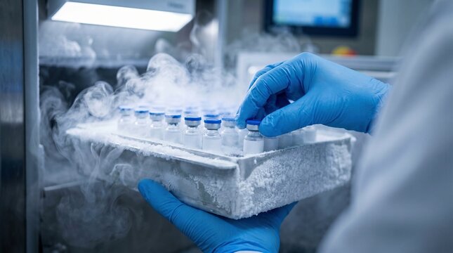 Cryogenic storage of vaccine vials handled by scientist in gloved hands with cold nitrogen vapor in laboratory freezer, cold chain logistics concept.