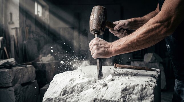 Stonemason carving marble block with chisel and wooden hammer in dusty workshop studio, traditional stone sculpture craftsmanship concept.