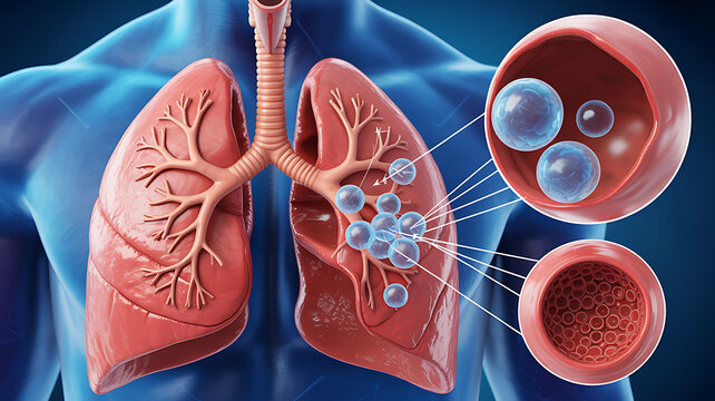 Medical illustration of human lungs showing respiratory infection with virus particles attacking the lung tissue cells and internal structures for clinical healthcare and science education