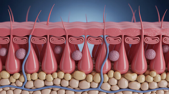 Close up view of human skin layers showing epidermis dermis and hypodermis structure with hair follicles and blood vessels in a detailed medical scientific 3d render for biology education