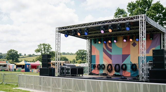 Empty outdoor music festival stage with colorful spotlights. Summer concert venue setup with sound equipment and geometric backdrop