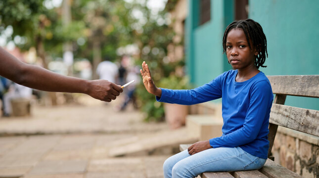 Young Black girl refusing a cigarette with a stop hand gesture. Child rejecting smoking outdoors on a wooden bench. Anti-smoking and health awareness concept