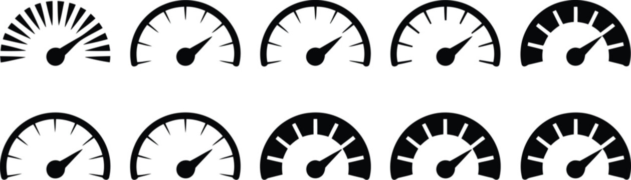 Dashboard speedometer icon set with tachometer performance gauge and fast internet indicator vector illustration