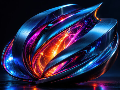 Abstract glowing metallic sphere with blue and orange neon light flares isolated on white background