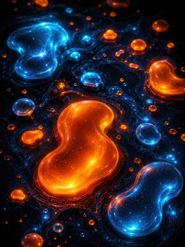 Abstract background with glowing blue and orange liquid blobs isolated on white background