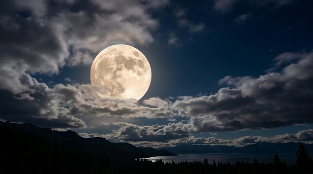 Glowing supermoon in the night sky over a lake and mountains. Full moon shining through dramatic clouds. August celestial landscape
