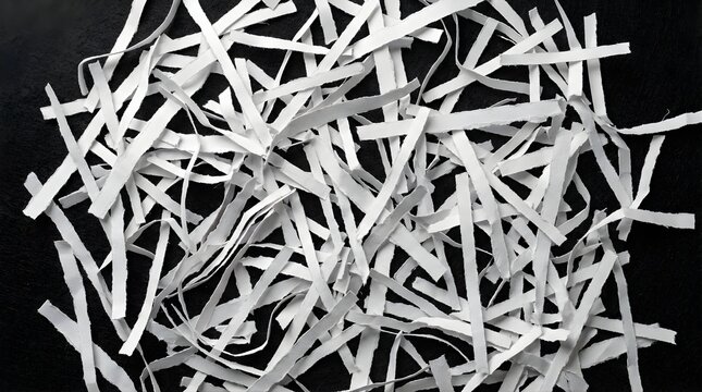 Scattered shredded white paper strips isolated on a black background