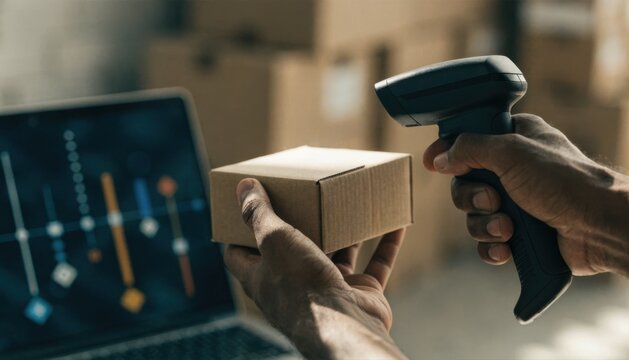 A person scans a barcode on a small cardboard box using a handheld scanner with a laptop displaying data in the background.