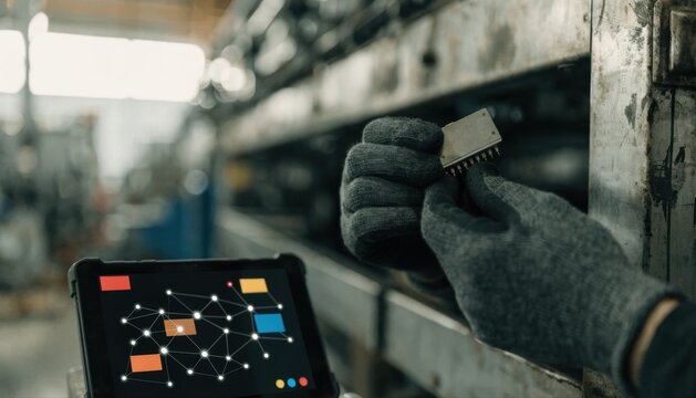 A gloved hand holds a microchip near machinery, with a tablet displaying a connected network diagram in the foreground, symbolizing industrial technology and automation.