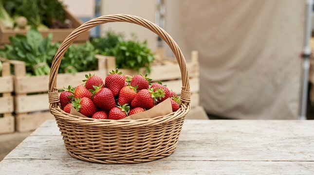 Ripe red strawberries in a wicker basket on a wooden table. Fresh organic berries at a farmers market
