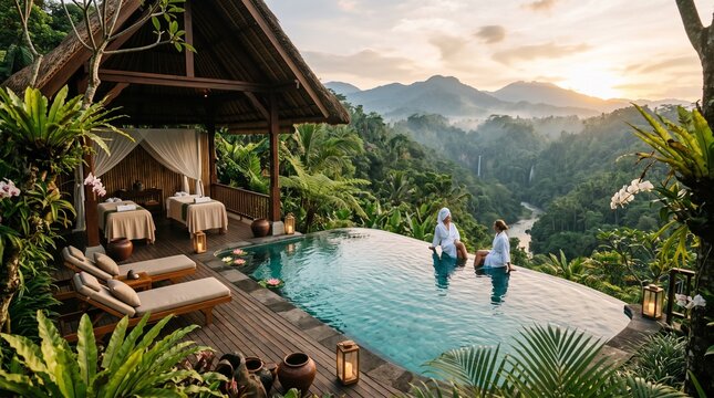 Luxury spa resort with infinity pool. Tropical wellness retreat overlooking jungle mountains.