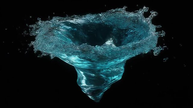 A swirling water vortex forming a clear whirlpool against a black background