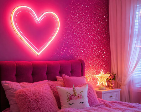 Glowing pink neon heart sign on a bedroom wall with cozy decor isolated on white background