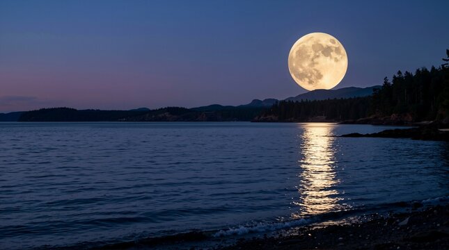 Large supermoon rising over ocean with water reflection. Full moon night landscape over forested coast. Astronomical celestial event photo