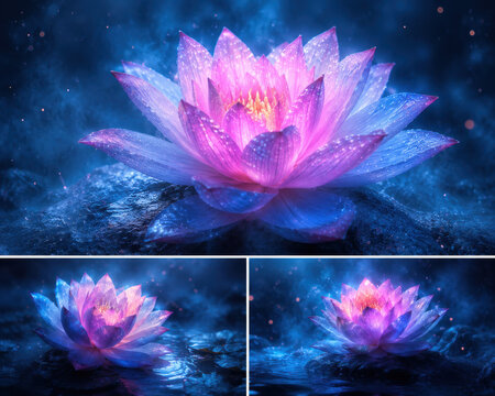 Glowing pink and blue lotus flower with magic sparkles isolated on white background