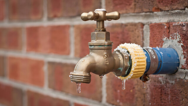 A brass outdoor water faucet leaking drops on a red brick wall background
