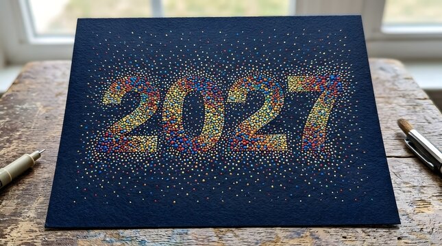 Artistic new year 2027 pointillism dot art on black paper