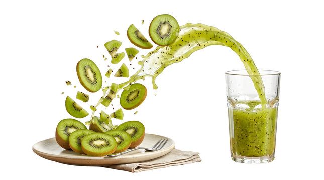 Fresh kiwi juice splash pouring into glass, dynamic green fruit slices flying from plate, healthy organic smoothie motion concept isolated PNG with Transparent Background