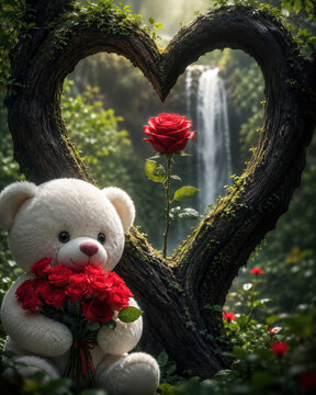 Cute teddy bear holding red roses by a heart shaped tree and waterfall