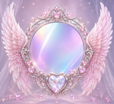 Decorative magic mirror with angel wings and heart frame design